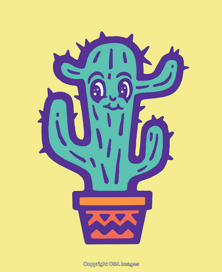 Colorful Line Art Illustration of a Smiling Cactus in a Pot