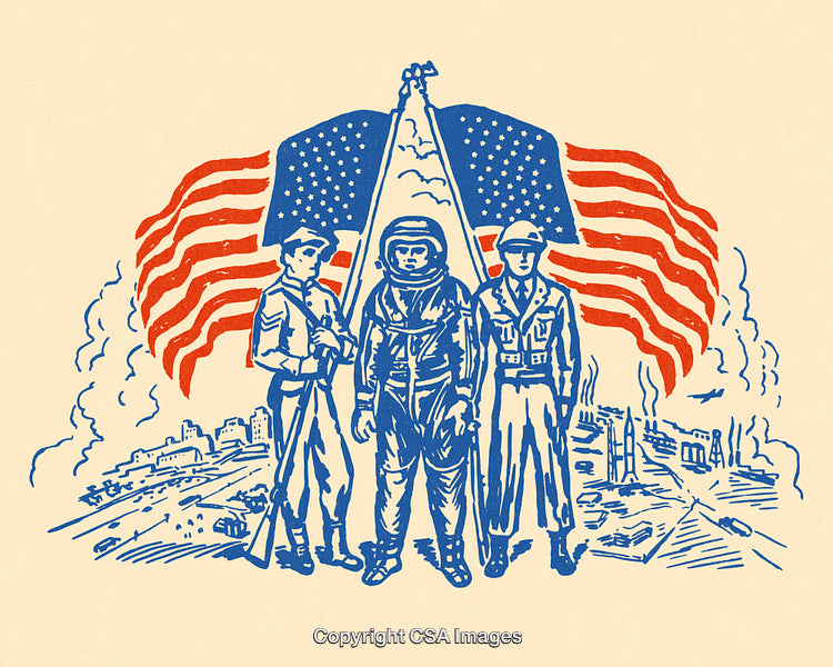 Illustrated American Heroes Depicting Soldier, Astronaut, and Airman With Patriotic Flags