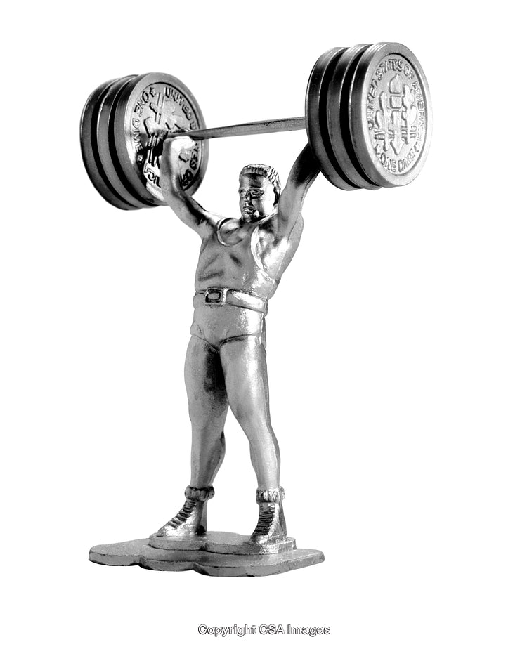 Silver Figurine Depicting a Bodybuilder Holding a Barbell in Overhead Press