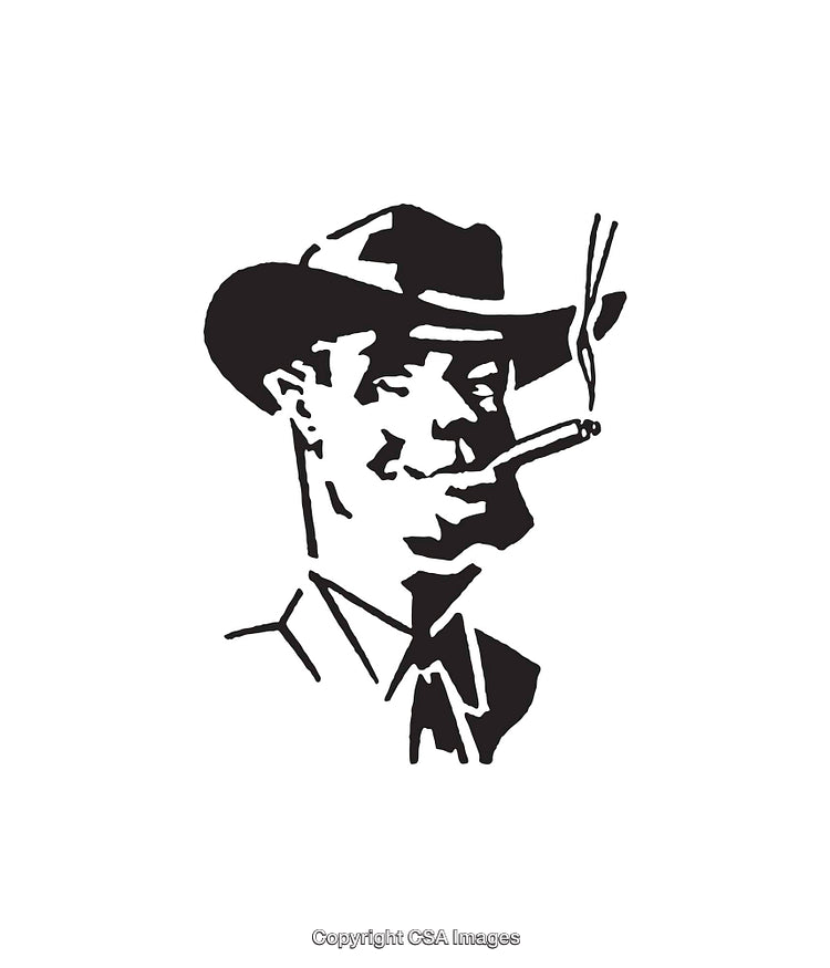 Vintage Black and White Illustration of a Smoking Man With Hat