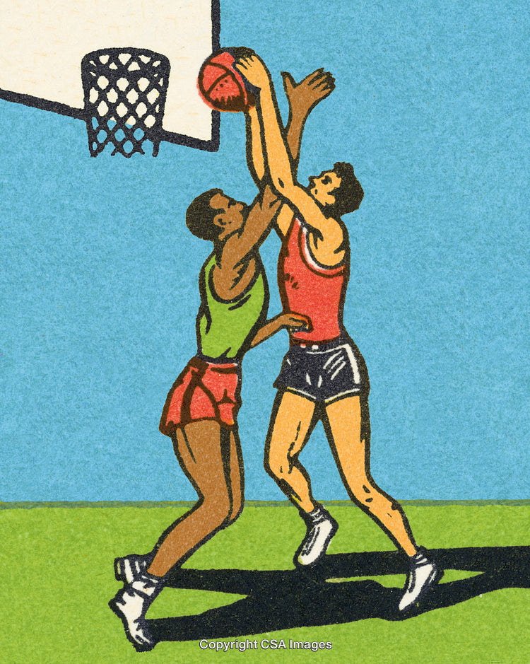 Two Basketball Players Jumping for the Ball During a Game