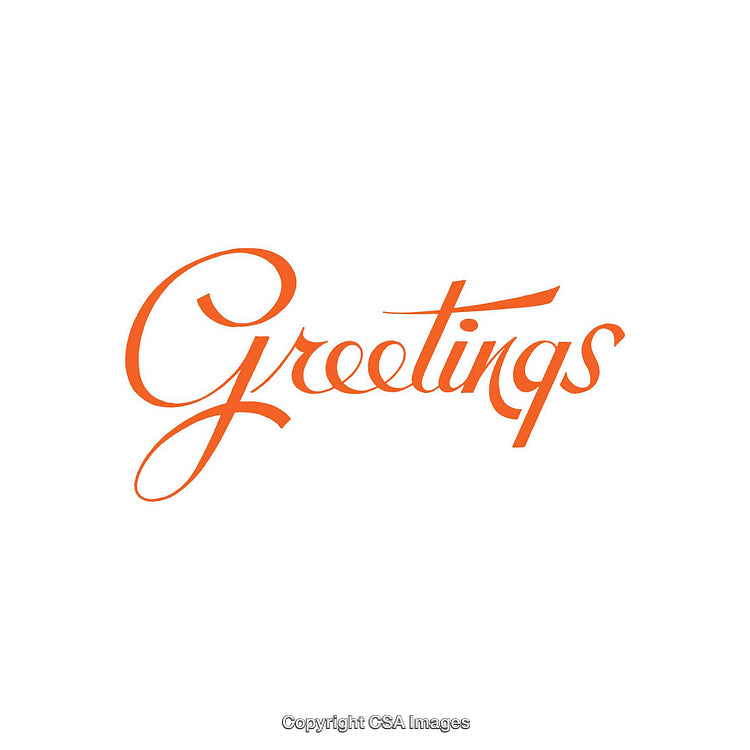 Word Graphic Featuring Orange "Greetings" on a White Background