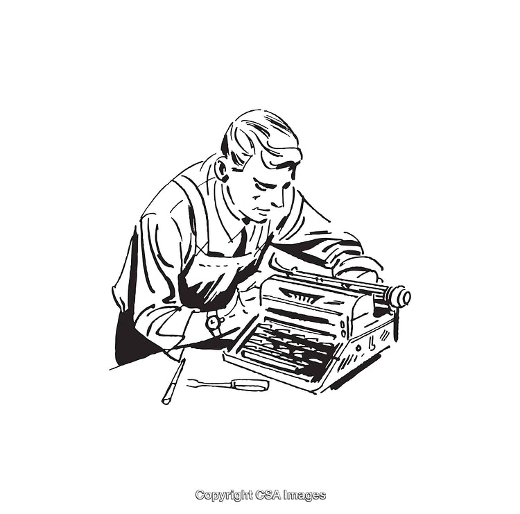 Vintage Line Art of Man Repairing Typewriter Machine