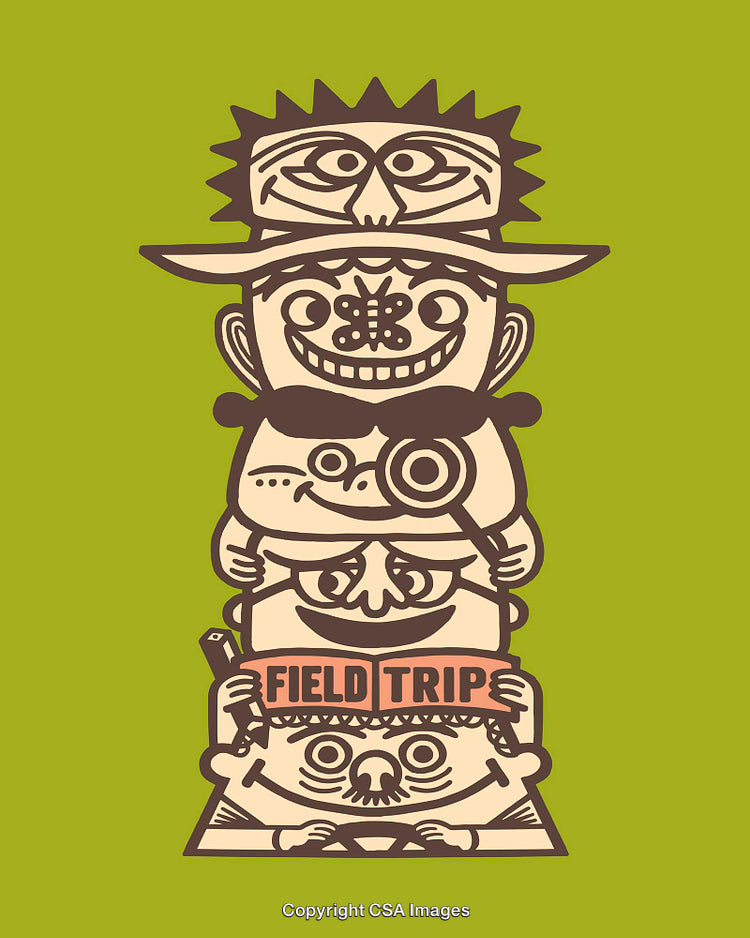Whimsical Line Art Totem Illustration with Quirky Faces on Green Background