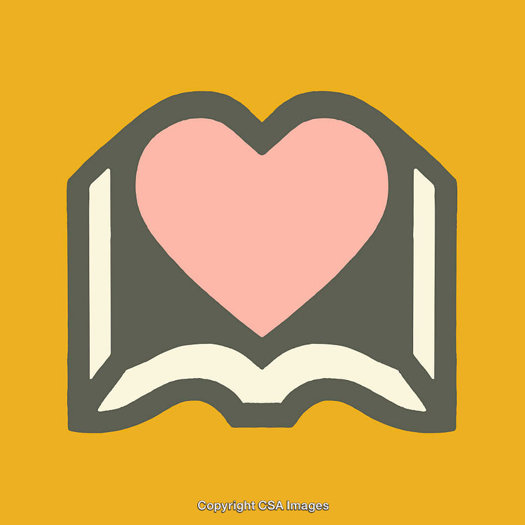 Open Book Illustration with a Heart Symbol on Yellow Background