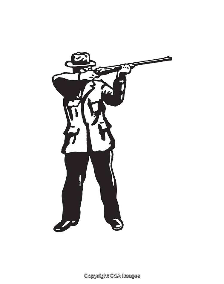 Vintage Black and White Illustration of Man Shooting Rifle in Stance