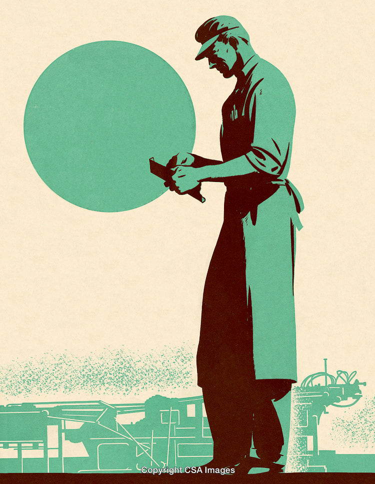 Vintage Illustration of Worker with Tools in Industrial Setting