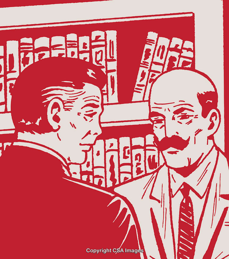 Vintage Style Artwork of Two Men Discussing In a Library Setting