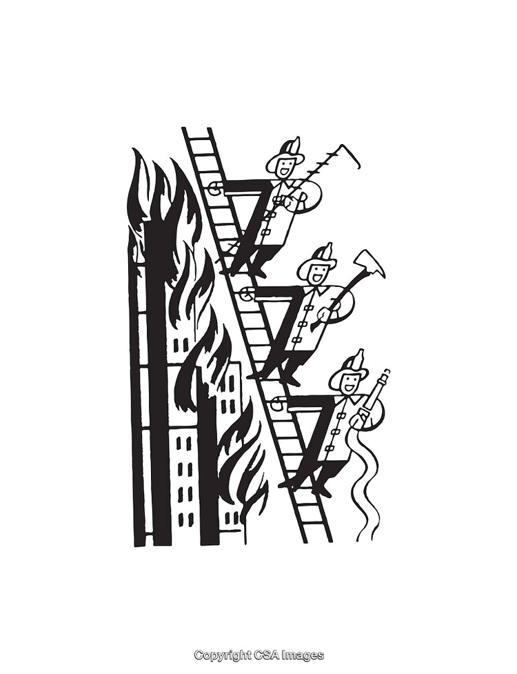 Black and White Illustration of Firefighters Extinguishing a Burning Building