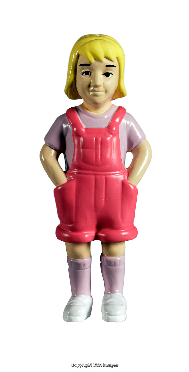 Plastic Toy Figure of a Child with Pink Overalls and Blonde Hair