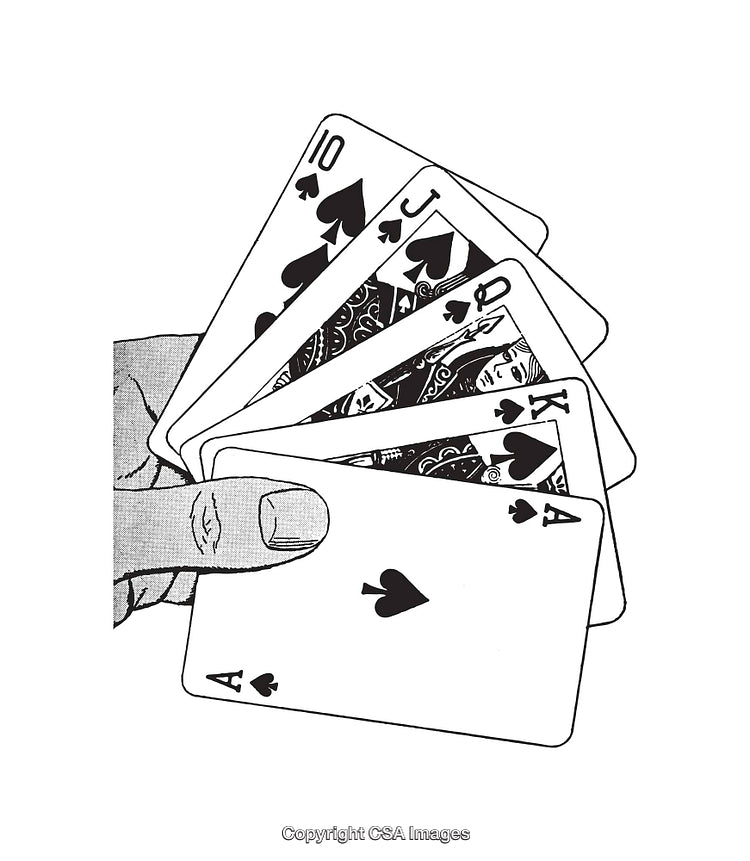 Black and White Line Art Illustration of a Royal Flush in Spades