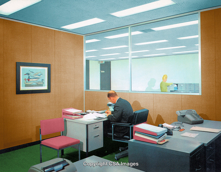 Retro Office Scene with Business Professionals Working and Documenting Tasks
