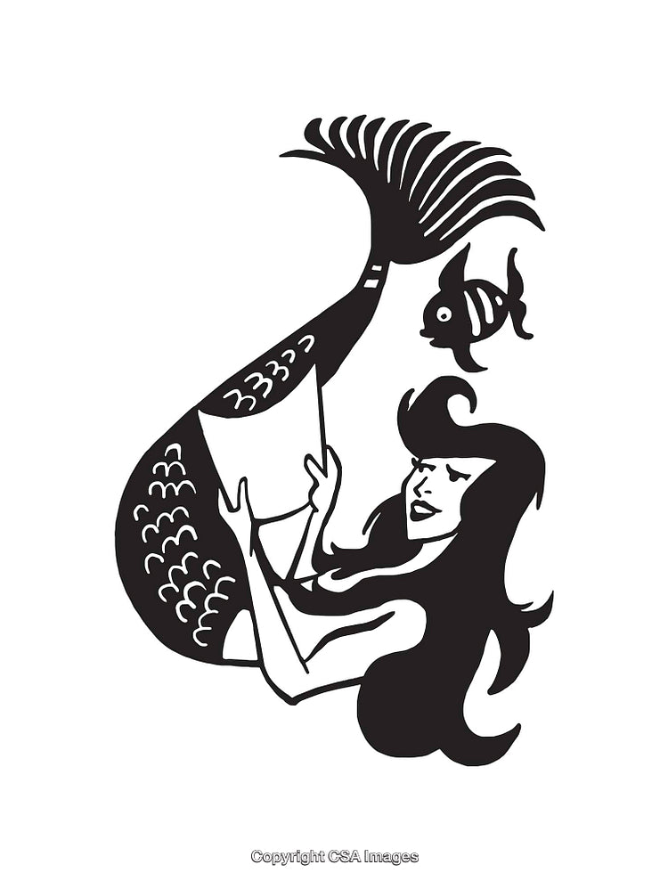 Black And White Illustration of a Mermaid With a Fish and Scroll