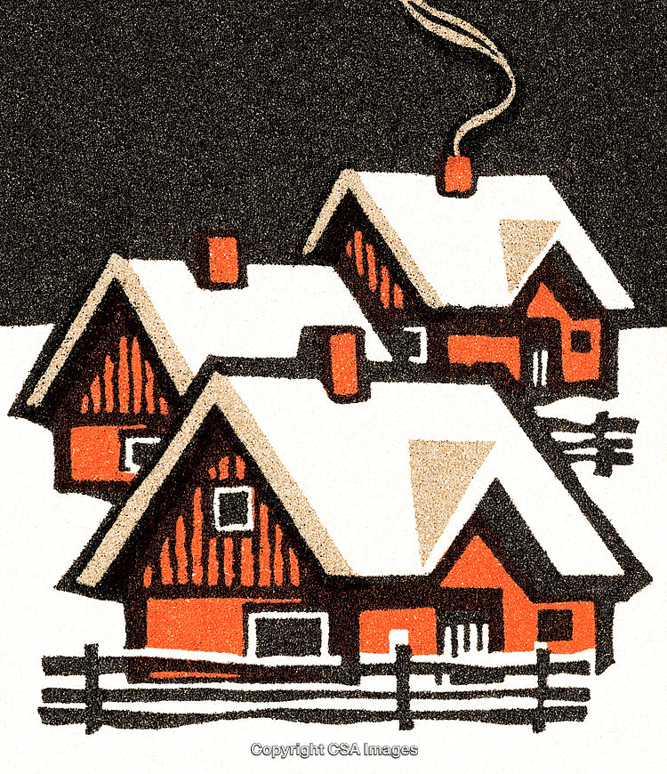 Cozy Illustrated Winter Scene with Snowy Roofs and Red Cottages