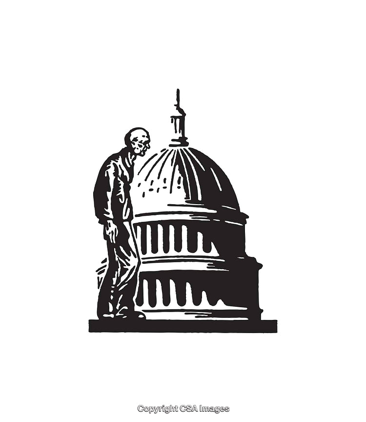 Vintage Black And White Illustration of a Man Beside a Dome Structure