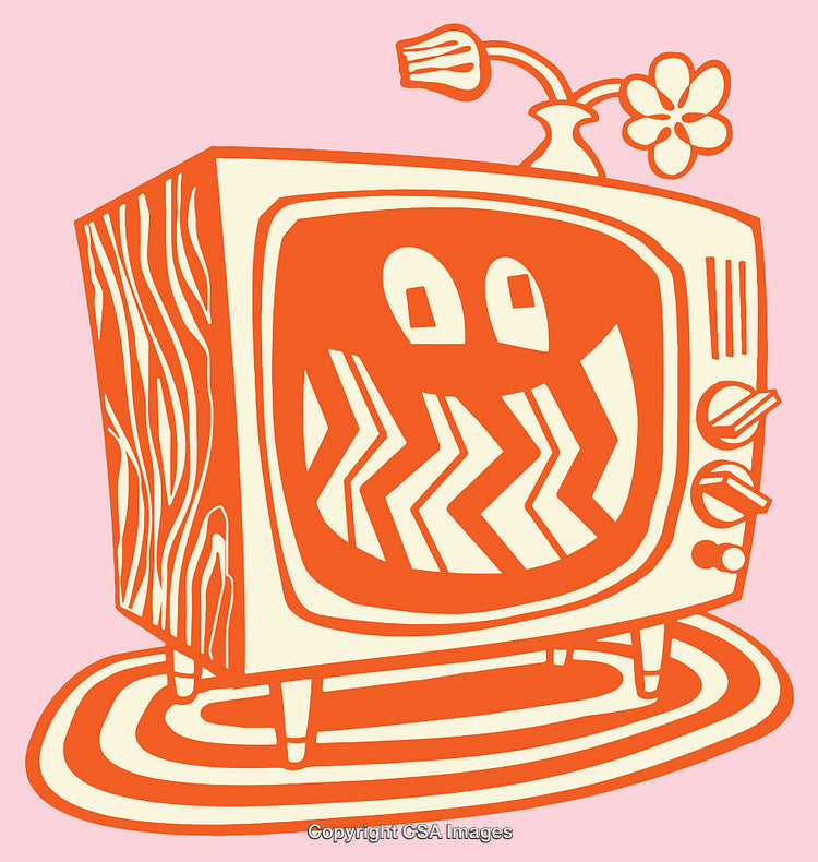 Retro Television Line Art With Decorative Design Elements