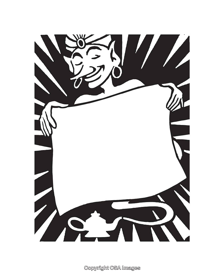 Black and White Illustration of a Genie Holding a Blank Scroll