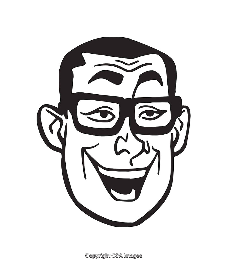 Smiling Cartoon Illustration of a Man Wearing Glasses in Black and White