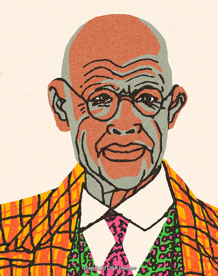 Artistic Portrait of Bald Man Wearing Vibrant Colored Plaid Suit and Glasses