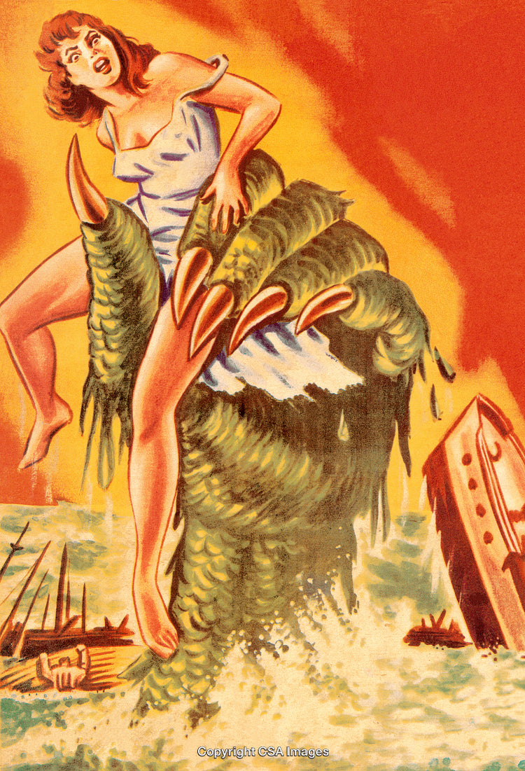 Vintage Artwork Depicting a Sea Monster Capturing a Frightened Woman