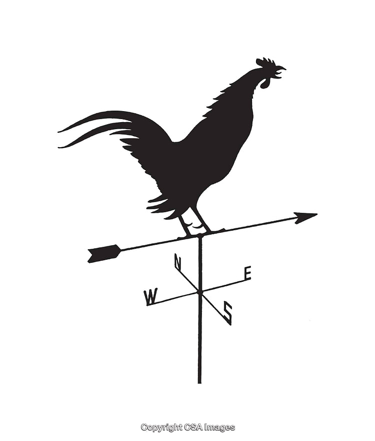 Silhouette Illustration of Rooster Weather Vane in Black and White