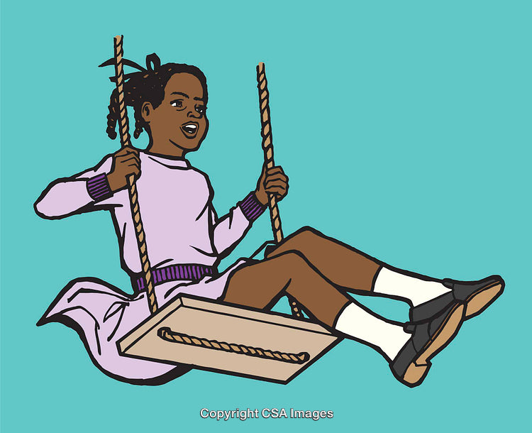Colorful Illustration of a Child Playing on a Swing Against Blue