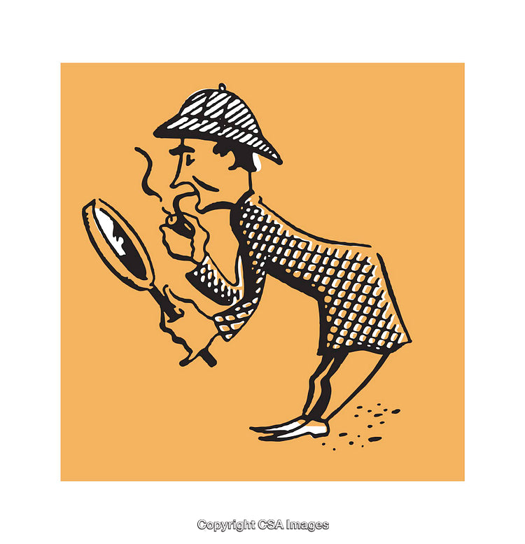 Cartoon Detective with Magnifying Glass in Vintage Illustration Style