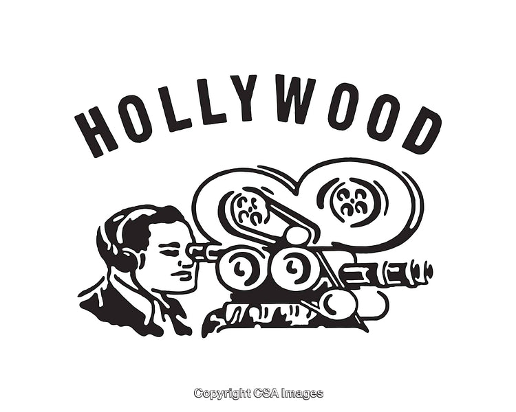 Vintage Hollywood Film Camera Illustration in Black and White Line Art Style