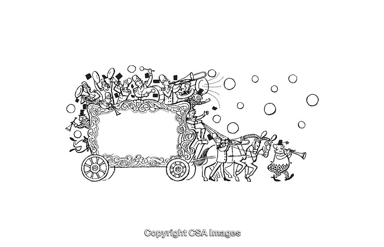 Black and White Line Art Featuring a Festive Parade Illustration