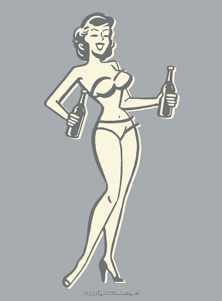 Retro Style Female Illustration with Bottles in a Playful Pose