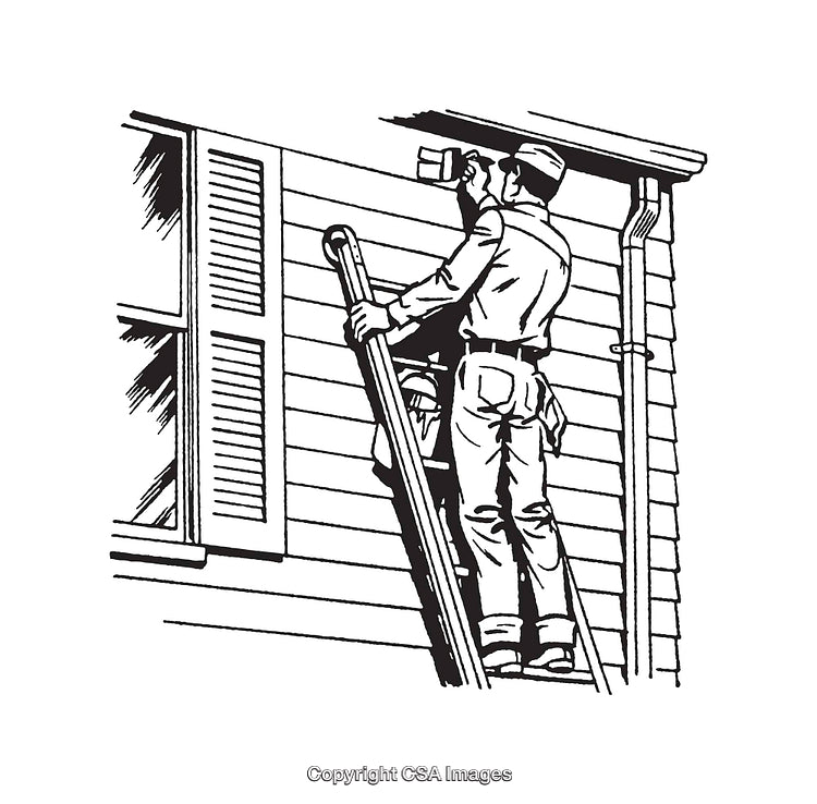 Black and White Line Art of a Worker Painting Exterior Wall on Ladder