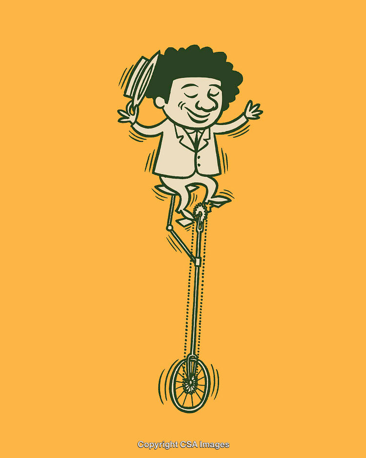 Man Balanced on Tall Unicycle Performing a Trick on Orange Background