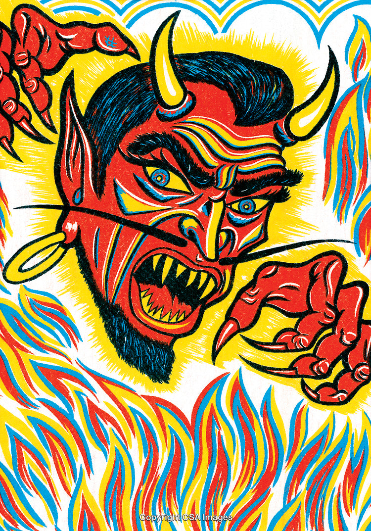 Illustration of a Vividly Colored Demon Surrounded by Flames in Graphic Style