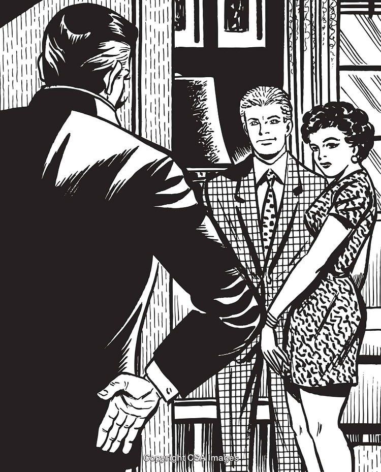 Vintage Comic Art Depicting a Dramatic Confrontation Scene in Black and White