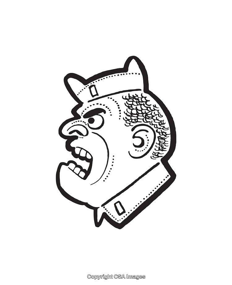 Black and White Line Drawing of a Helmeted Soldier with Intense Expression
