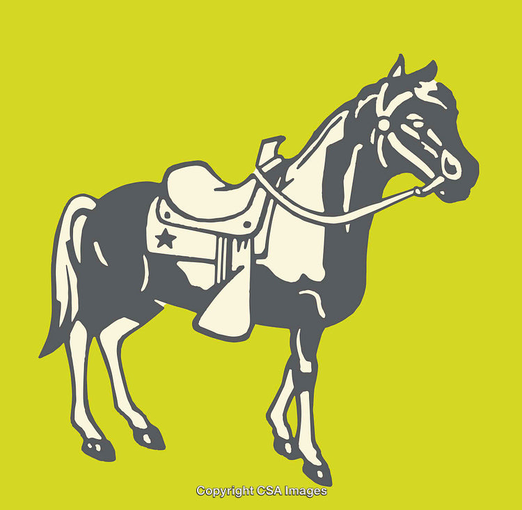 Stylized Illustration of a Saddled Horse in Vintage Artwork Style