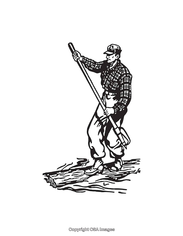 Black and White Line Art of a Man Balancing on a Log in Water