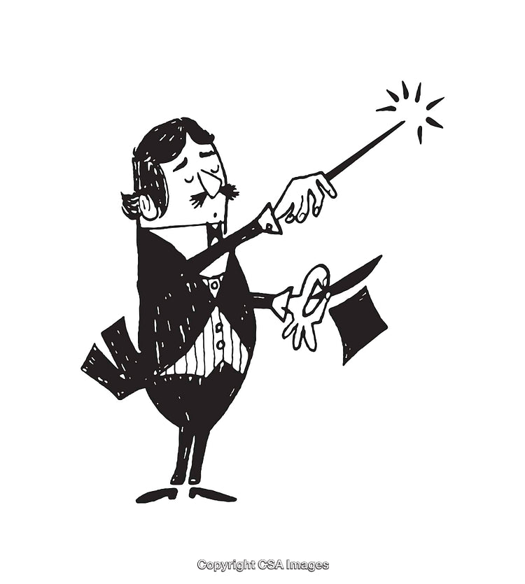 Vintage Line Art Illustration of a Magician Performing an Enchanting Act