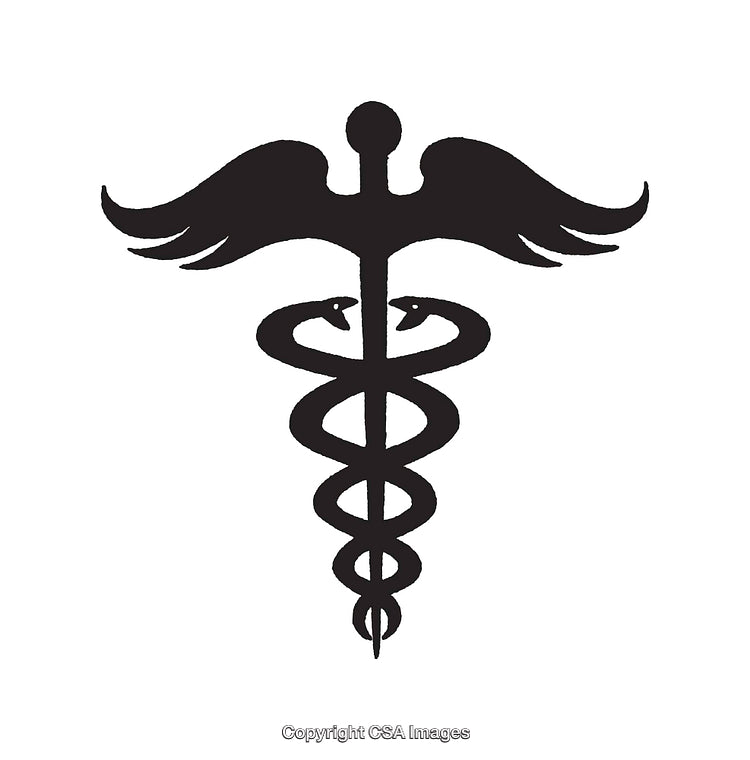 Medical Symbol Featuring Caduceus in Black and White Icon Style