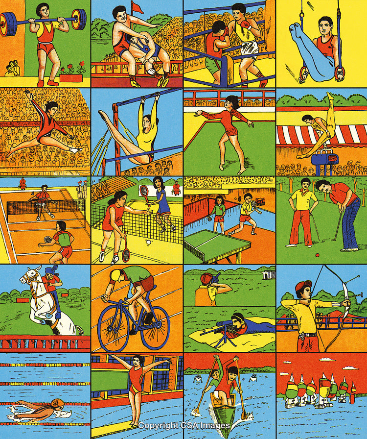 Colorful Illustration Depicting Various Sporting Activities and Olympic Events