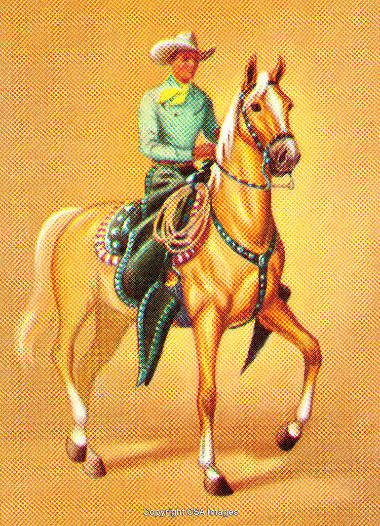 Cowboy Riding a Decorated Horse Against a Rustic Yellow Background
