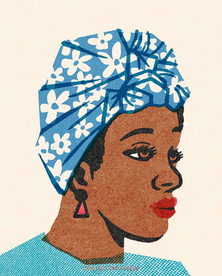 Illustration of a Woman in Headscarf With Floral Pattern and Vibrant Earrings