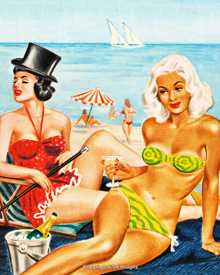 Vintage Beach Scene With Glamorous Women Drinking Champaign By The Sea