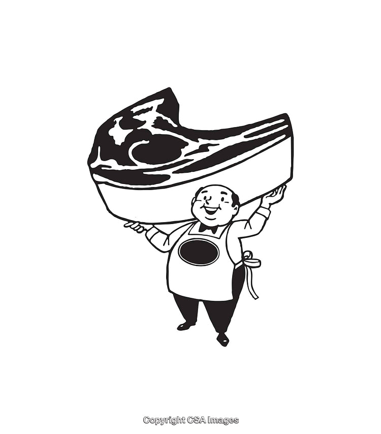 Black and White Illustration of a Butcher and a Giant Steak