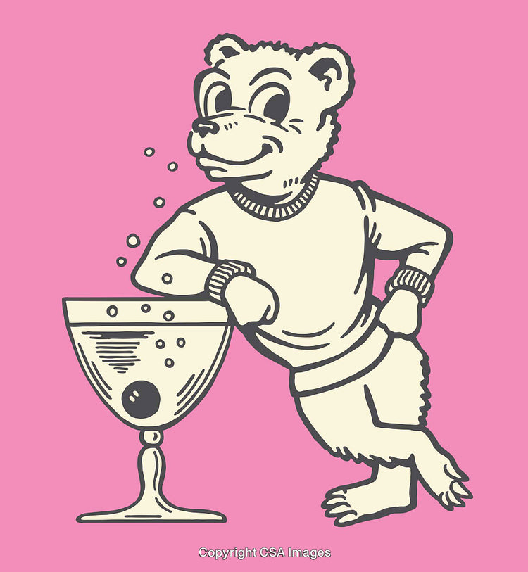 Retro Bear Illustration with Beverage Glass on Pink Background