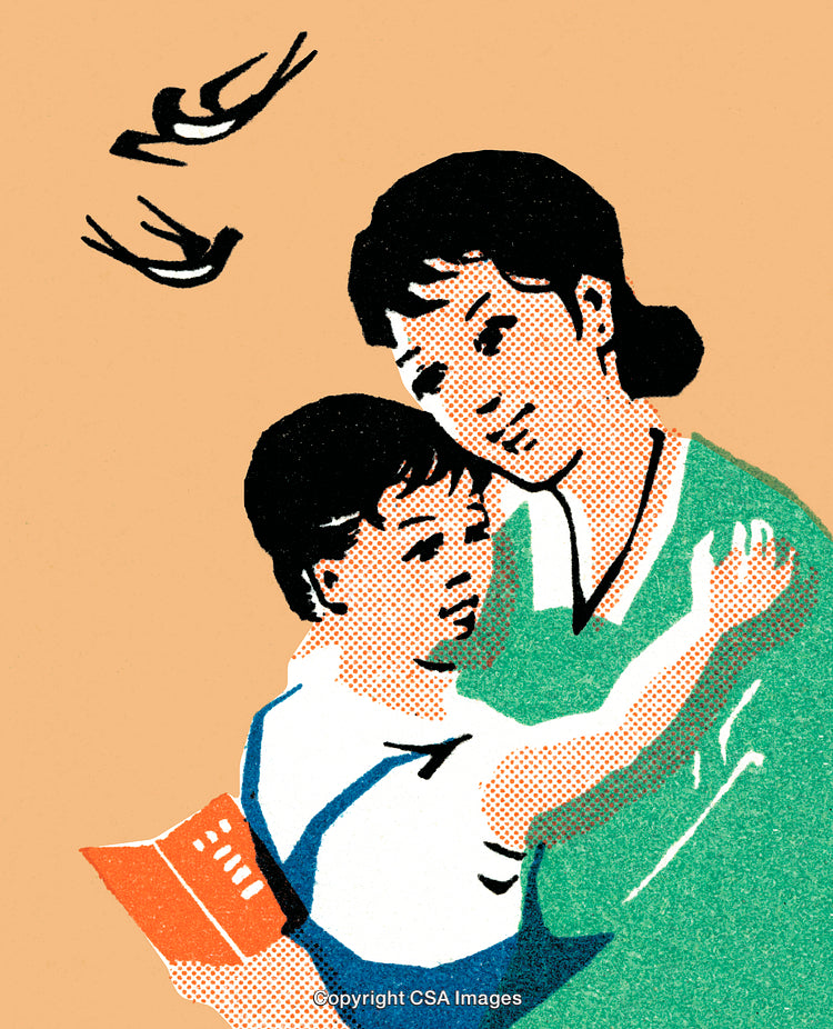 Mother and Child Embracing with Swallows in a Vintage Art Style