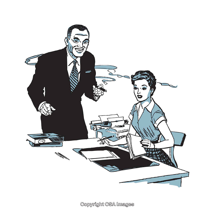 Retro Illustration of a Businessman and Secretary at Work in an Office