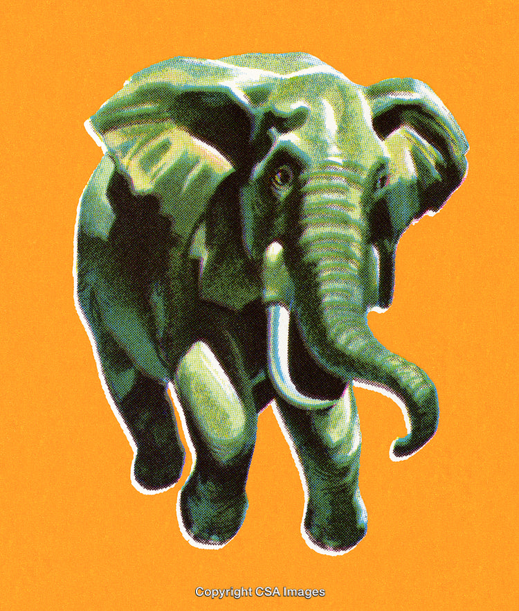 Retro Style Green Elephant Illustration on Vibrant Orange Background