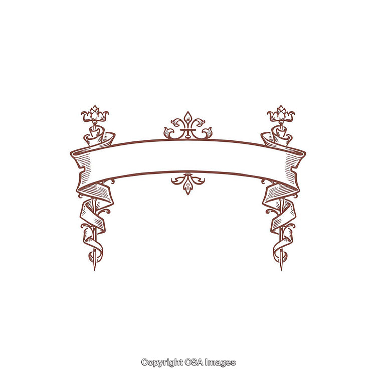Ornamental Blank Banner With Crown and Scroll Elements in Brown Line Art