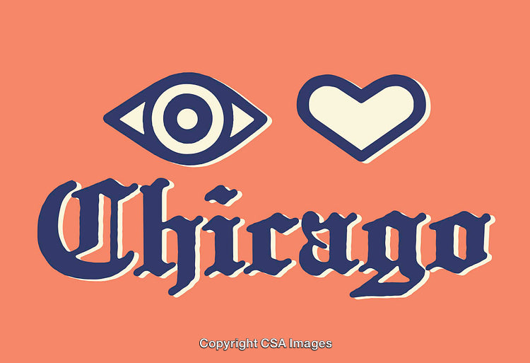 Eye and Heart Symbol with Chicago Text on Coral Background